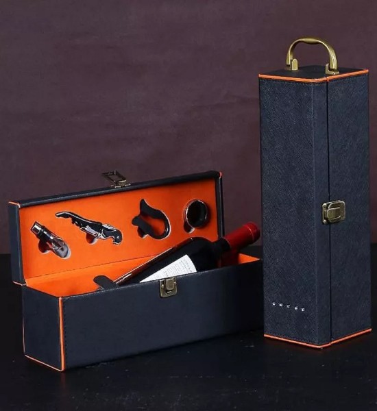 Cutie Deluxe pentru O Sticla de Vin cu 4 Accesorii - Interior Orange - Gift Set - 5