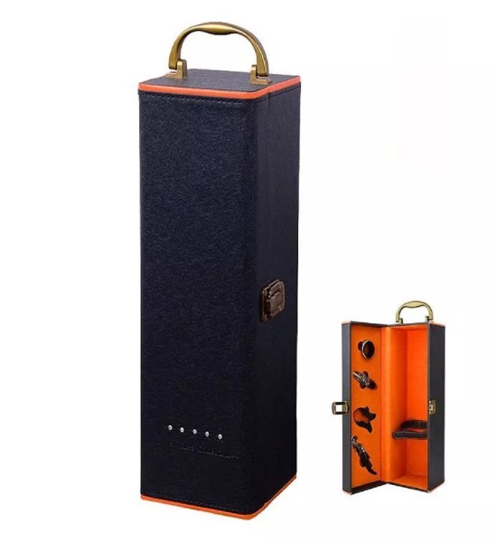 Cutie Deluxe pentru O Sticla de Vin cu 4 Accesorii - Interior Orange - Gift Set - 4