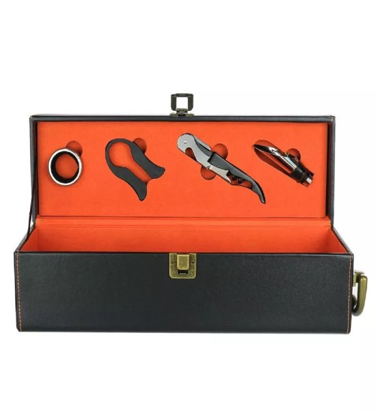 Cutie Deluxe pentru O Sticla de Vin cu 4 Accesorii - Interior Orange - Gift Set - 3