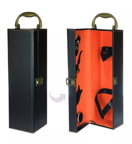 Cutie Deluxe pentru O Sticla de Vin cu 4 Accesorii - Interior Orange - Gift Set - 2