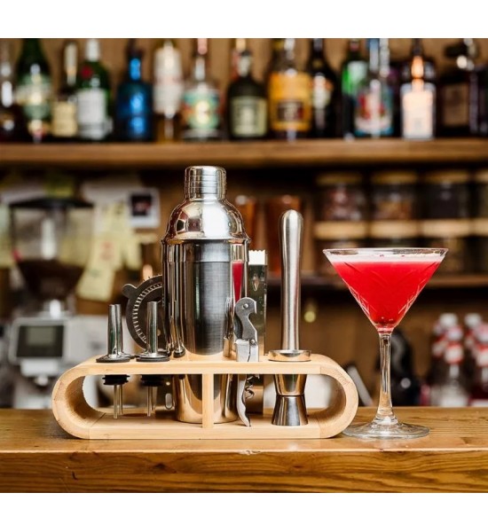 Set cocktail shaker cu 11 accesorii si suport din bambus argintiu - 1