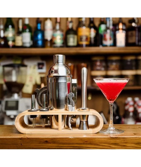 Set cocktail shaker cu 11 accesorii si suport din bambus argintiu ALTELE - Set cocktail shaker cu 11 accesorii si suport din bambus argintiu