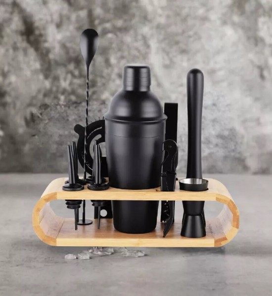 Cocktail Shaker Black cu 11 Accesorii si Suport Bambus - Gift Set - 3