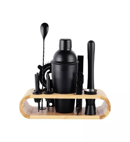 Cocktail Shaker Black cu 11 Accesorii si Suport Bambus - Gift Set - 1