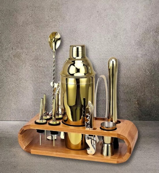 Cocktail Shaker Gold cu 11 Accesorii si Suport Bambus - Gift Set - 4