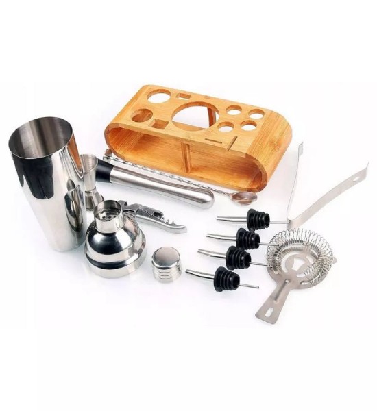Cocktail Shaker XL cu 11 Accesorii si Suport Bambus - Gift Set - 1