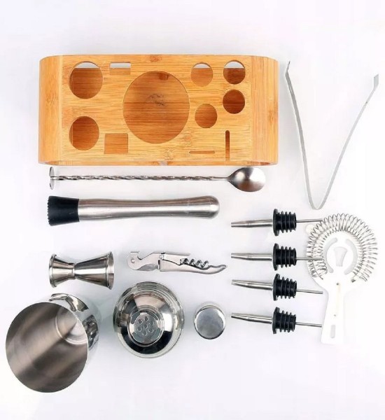 Cocktail Shaker XL cu 11 Accesorii si Suport Bambus - Gift Set - 2
