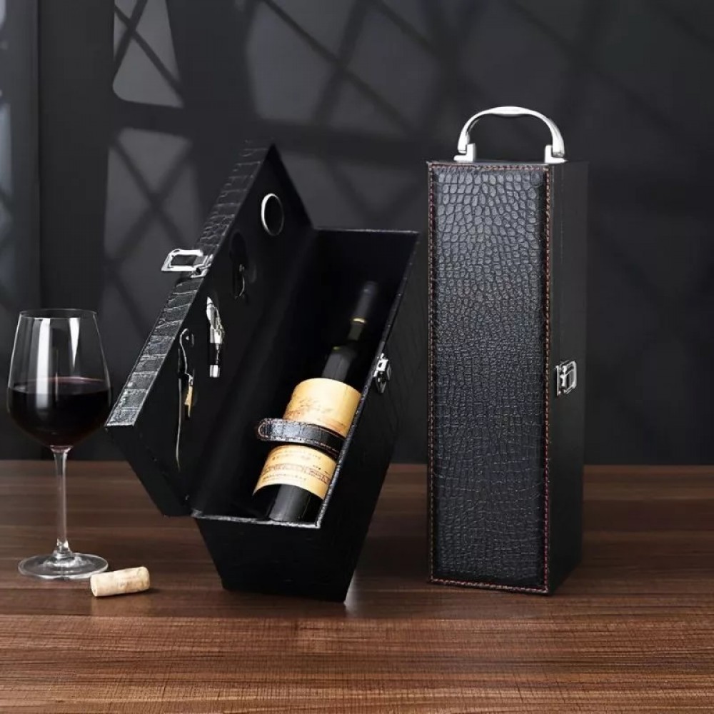Cutie neagra pentru 1 sticla de vin cu accesorii incluse din piele ecologica crocodil