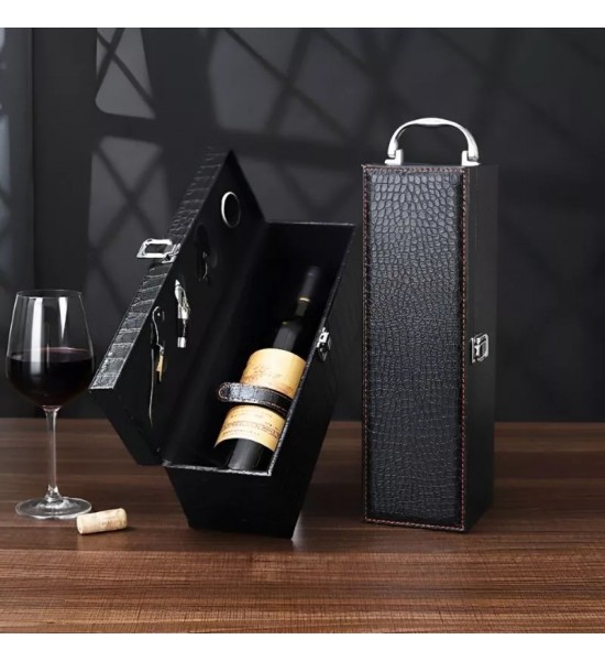 Cutie neagra pentru 1 sticla de vin cu accesorii incluse din piele ecologica crocodil - 1