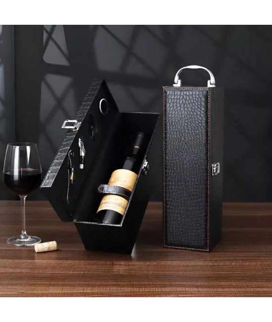 Cutie neagra pentru 1 sticla de vin cu accesorii incluse din piele ecologica crocodil PROMOTIE - Cutie neagra pentru 1 sticla de vin cu accesorii incluse din piele ecologica crocodil