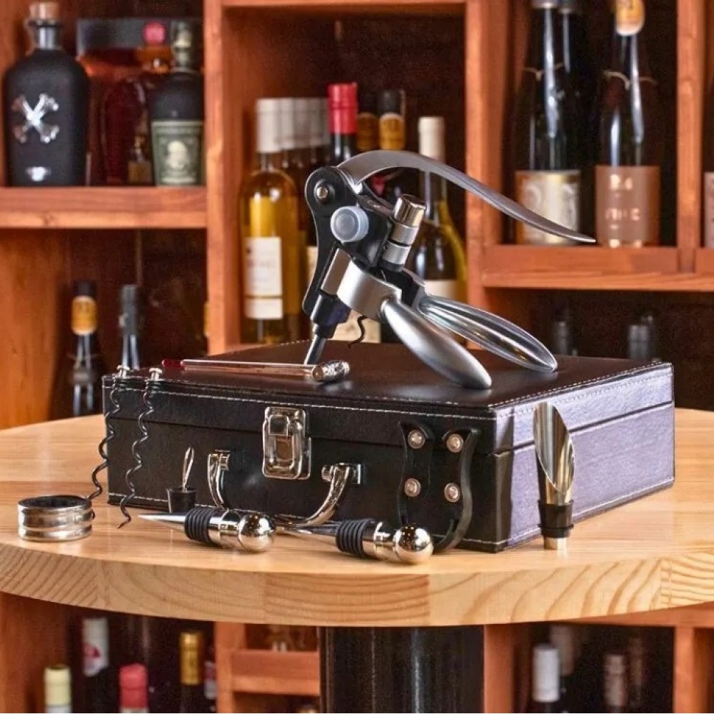 Set 9 accesorii pentru vin in valiza neagra din piele ecologica Set 9 accesorii pentru vin in valiza neagra din piele ecologica