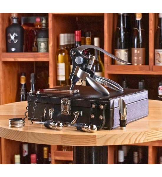 Set 9 accesorii pentru vin in valiza neagra din piele ecologica - 1