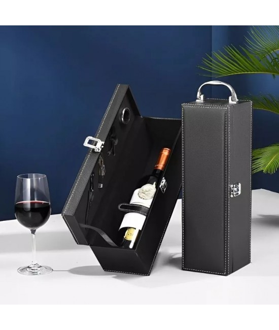 Cutie pentru 1 sticla de vin cu accesorii incluse din piele ecologica PROMOTIE - Cutie pentru 1 sticla de vin cu accesorii incluse din piele ecologica